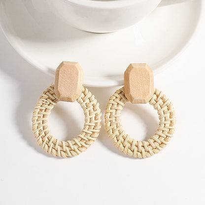 sengpan Boho Handmade Geometric Wooden Rattan Braid Drop Earrings for Women Ethnic Bohemia Statement Earring Wholesale Jewelry