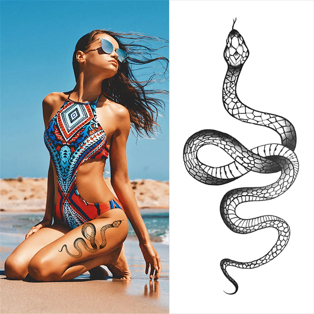 sengpan 2024 Summer Snake Flower Temporary Tattoos Sticker Waterproof Cool Dark Style Unisex Water Transfer Fake Tattoo Women Accessory