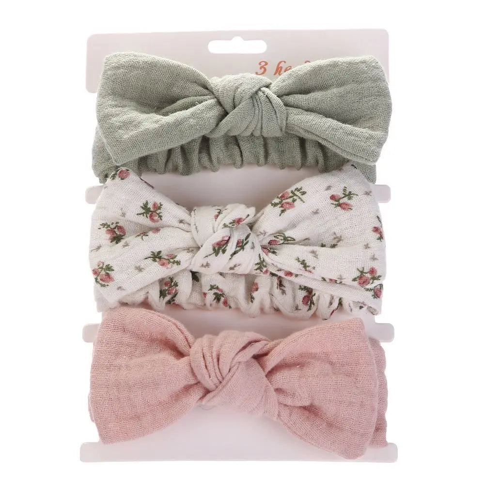 Lianfudai 3PC/lot Muslin Cotton Linen Baby Headband Newborn Knotted Hair Bow Turban Floral Print Headband Children Girls Hair Accessories