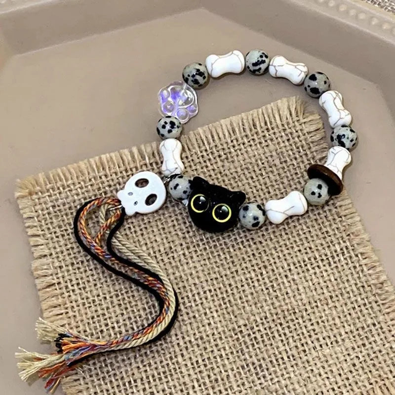 sengpan 2PCS Tassels Big Eye Cat Bracelets for Women Men Sweet Cool Skull Ceramic Beaded Bracelet Aesthetic Party Jewelry Accessories