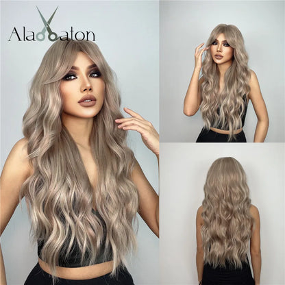 sengpan  Brown Highlight Long Wave Wigs for Women Synthetic Wig with Bangs Ombre Mixed Color Natural Looking Hair for Daily