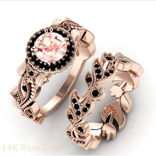 sengpan 2 Pieces/set Exquisite Rose Gold Color Black Zircon Ring Vintage Flower Vine Inlaid with Champagne Stones Wedding Ring Set