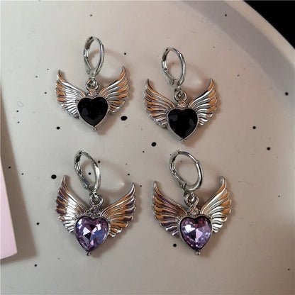 sengpan New Vintage Aesthetic Crystal Purple Heart Wing Pendant Earring For Women Men Grunge Punk Goth Y2K 2000s EMO Jewelry Accessories