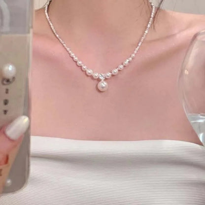 Lianfudai New Fashion Pearl Droplet Necklace for Women Minimalist Design String Bead Collarbone Chain Wedding Jewelry Gifts