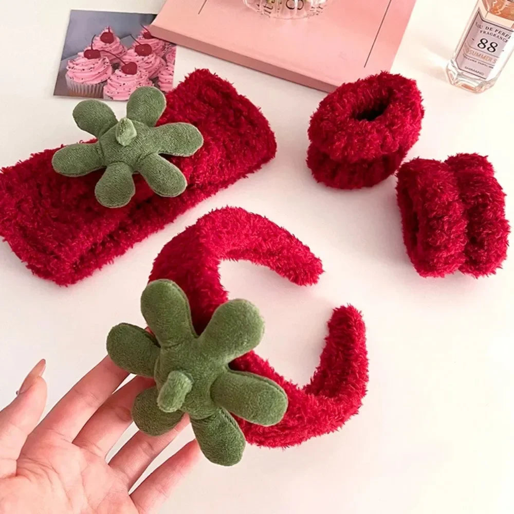 sengpan Red Fleece Hairbands Cute Strawberry Leaves Hair Hoops Wrist Strap Girls Lovely Headbands Christmas Ornament Hair Accessories