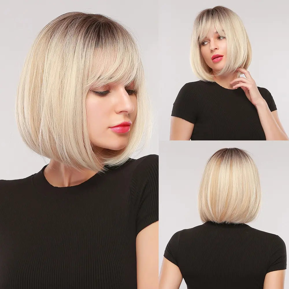 sengpan Short Straight White Platinum Wigs for Women Short Bob Synthetic Wig With Bangs Shoulder Length Heat Resistant Cosplay Wig