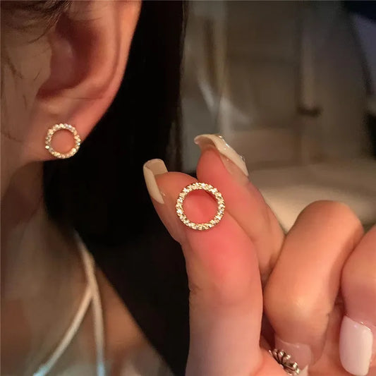 sengpan Small Circle Stud Earrings for Women Gold Color Crystal Minimalist Korean Party Summer Fashion Jewelry Accessories Gift