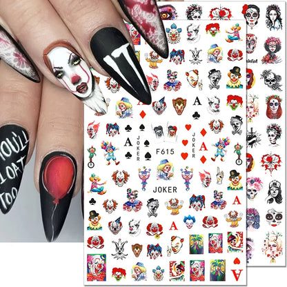 sengpan 3D Halloween Nail Stickers Clown Skull Bone Pumpkin Cartoon Spider Bat Nail Decals Self-Adhesive Nail Art Stickers Nails Decor