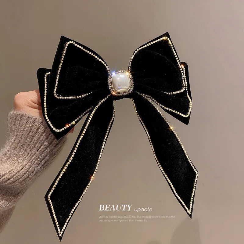 sengpan Velvet Inlaid Rhinestone Pearl Bow Hair Clip for Women Korean Fashion Exaggerated Hair Claws Exaggerated Hair Accessories