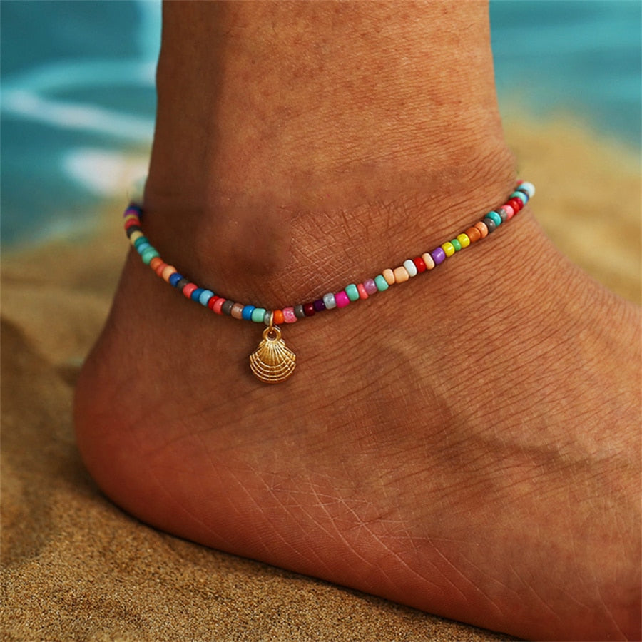 sengpan Simple Heart Boho Anklet Bracelets For Women Summer Holiday Beach Chain Bead Ankle Bracelet On Leg Foot Wedding Party Jewelry