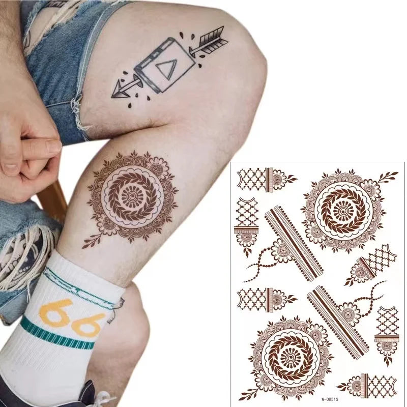 sengpan Brown Henna Lace Temporary Tattoos Sticker For Women Mehndi Stickers for Hand Neck Body Feather Flora Henna Tattoo Waterproof