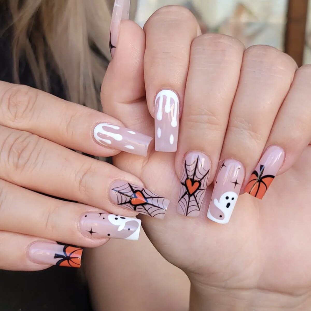 sengpan current nail trends 2023  24Pcs Almond False Nails Halloween Press on Fake Nails with Skull Head Spider Web Ghost Design Ballet Full Cover Nail Tips