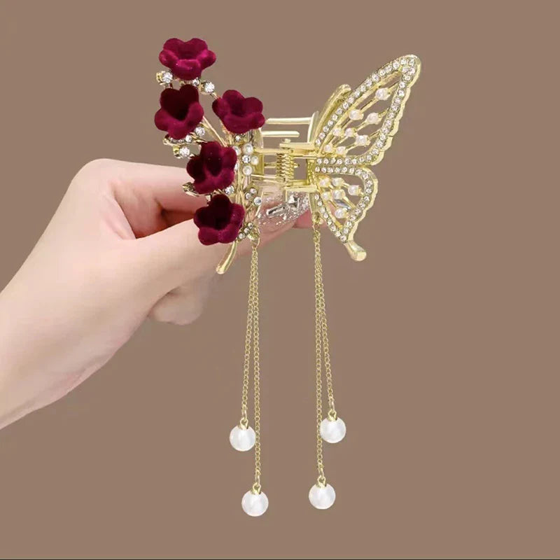 Lianfudai Exquisite Rhinestone Butterfly Fringe Hair Claw Clips Korean New Ponytail Braid Pearl Hairpin Girl Crab Metal Headdress Gift