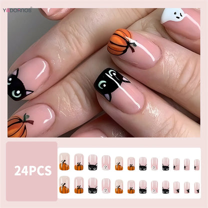 sengpan 24pcs Halloween Theme False Nails Short Square Press On Nails With Ghost Pumpkin Black Cat Designs Full Cover Fake Nail Tips