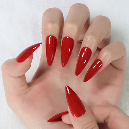 sengpan Stiletto Mirror Red Light Gossy Red Color Fingernails Sharp Fake Nails Art Medium Size Press On Nails Wholesale With Tabs