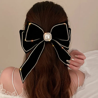 sengpan Velvet Inlaid Rhinestone Pearl Bow Hair Clip for Women Korean Fashion Exaggerated Hair Claws Exaggerated Hair Accessories