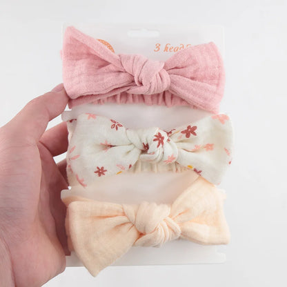 Lianfudai 3PC/lot Muslin Cotton Linen Baby Headband Newborn Knotted Hair Bow Turban Floral Print Headband Children Girls Hair Accessories