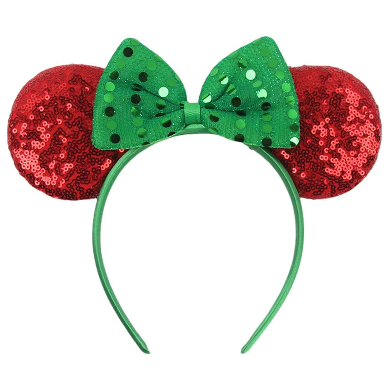 sengpan New Disney Christmas Mouse Ears Headband Santa Antler Sequins Bow Hairband For Women Featival Party DIY Hair Accessories Gift