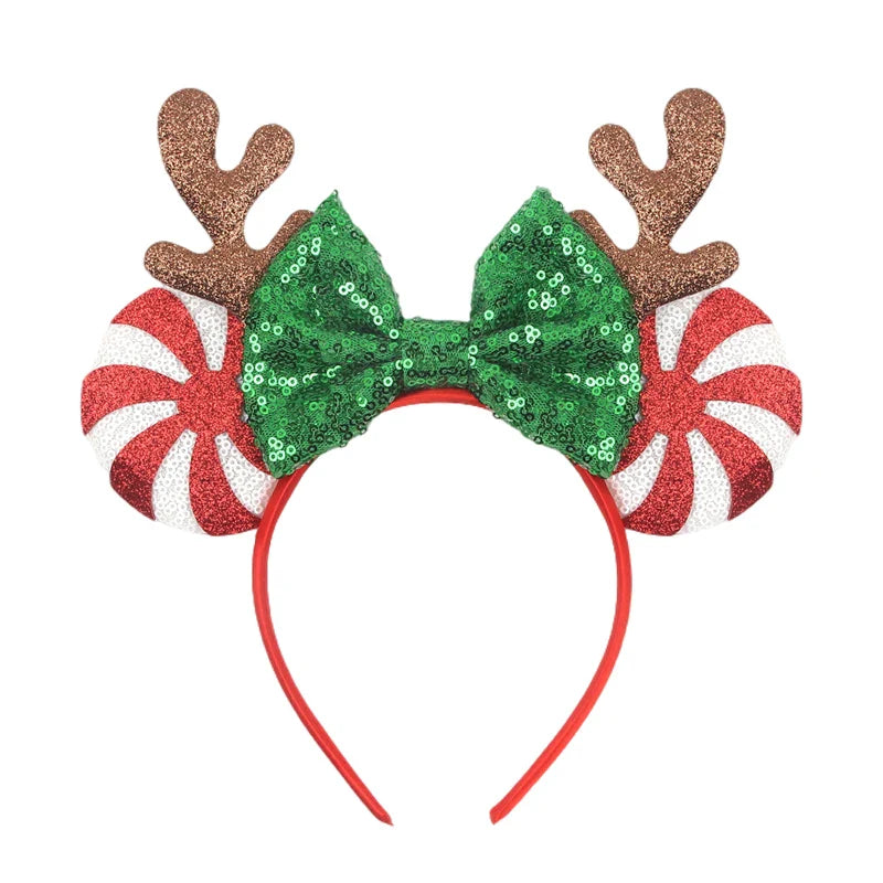 sengpan New Disney Christmas Mouse Ears Headband Santa Antler Sequins Bow Hairband For Women Featival Party DIY Hair Accessories Gift