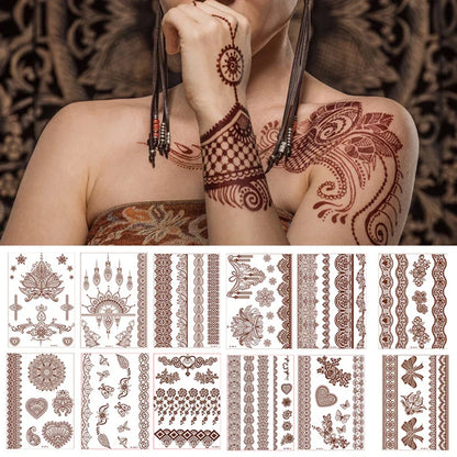 sengpan Brown Henna Lace Temporary Tattoos Sticker For Women Mehndi Stickers for Hand Neck Body Feather Flora Henna Tattoo Waterproof