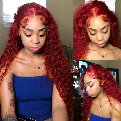 sengpan Burgundy Human Hair Lace Frontal Wigs Colored 99j Red Wig For Women Brazilian 13x4 Deep Wave 30 Inch Water Wave Lace Front Wig