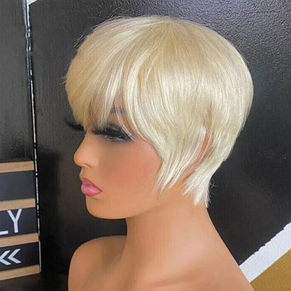 sengpan Short Pixie Cut Straight Hair Wig Brazilian Remy Hair Human Hair Wigs With Bangs 613 Honey Blonde Color Wig Cheap Glueless Wig