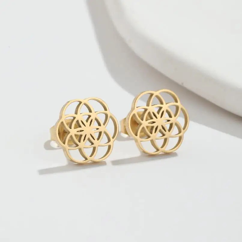 sengpan Tiny Circle Earrings Stainless Steel Flower Seed of Life Stud Earrings for Women Geometry Round Hollow Wedding Jewelry