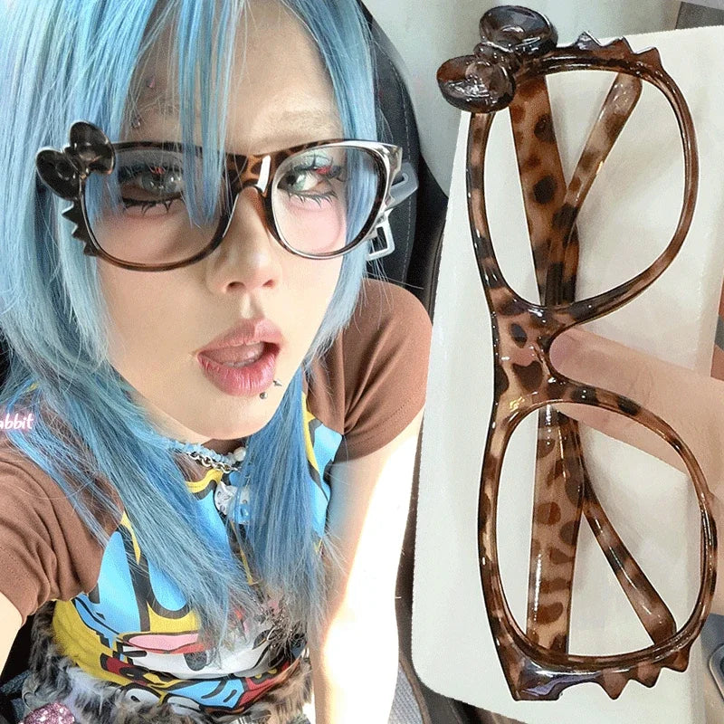 sengpan Y2K Hello Kitty Eyeglass Frame Anime Leopard Print Eyeglass Frame Kawaii Retro Glasses Cartoon Cute Eyewear Decorative Toys Gift