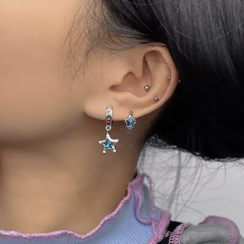 sengpan Blue Rhinestone Star Pentagram Hoop Earrings for Women Hot Girls Crystal Ear Bone Nail Piercing Earring Y2K Fashion Jewelry Gift