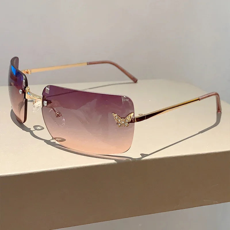 sengpan Y2K Luxury Brand Designer Rimless Square Sunglasses Women For Female Trendy Sun Glasses Diamond Butterfly Pink Punk Shades UV400