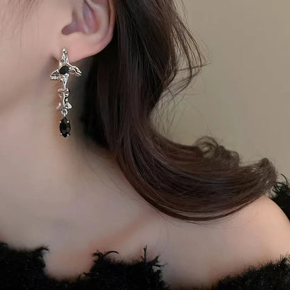 sengpan Black Zircon Four Star Mang Earrings Punk Style Long Tassel Women's Pendant Earrings Sweet Cool Personalized Y2K Fashion Jewelry