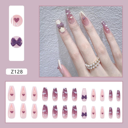 sengpan 24P Nail Art Fake Nails Japanese Ballerina Press on Nails Set Diamond Streamer Flash Fly Butterfly Seamless Removable False Nail