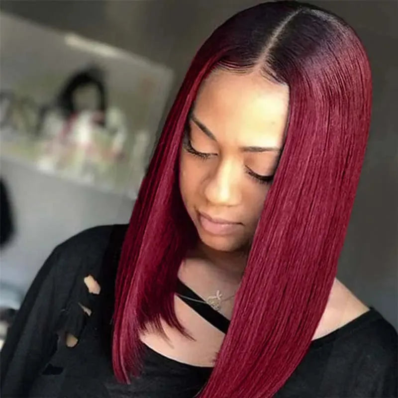 sengpan 1B/Burgundy Straight Bob Wig Ombre Red With Dark Roots 1B/99J Wig Free Part Straight Short Bob Wig Colored Wigs (Ombre 99J Wig) 