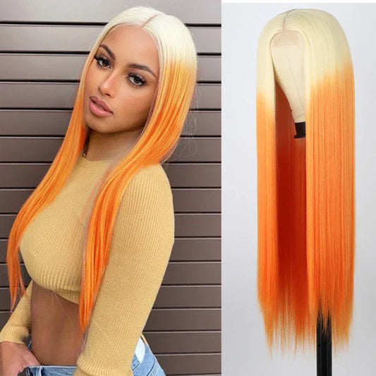 sengpan Long Straight Hair Wigs Blond Ginger Orange Middle Part Wig for Women Ombre Synthetic Cosplay Wig Heat Resistant Fiber Fake Hair