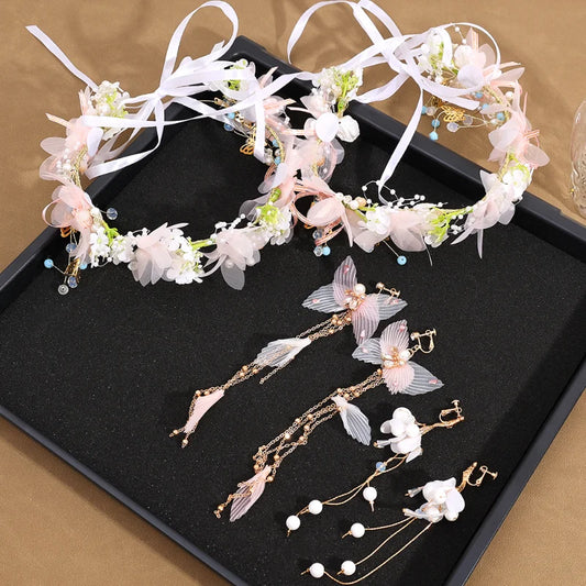 sengpan Pearl Crowns Earrings Set French Fairy Spring Bohemian Bride Floral Garland Romantic Faux Rose Wedding Wreaths Flower Headband