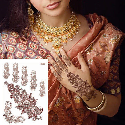 sengpan Brown Henna Temporary Tattoos for Women Henna Design Stickers for Hand Neck Body Art for Wedding Flora Hena Tattoo Waterproof