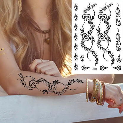 sengpan Black Henna Tattoo Sticker Waterproof Temporary Tattoos for Women Body Art Mehndi Stickers for Hand Flower Fake Tattoo