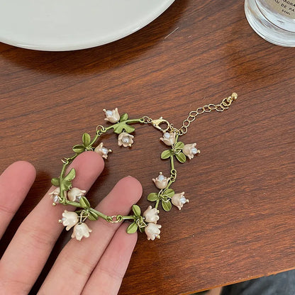 sengpan White Lily of The Valley Bracelet Earrings Necklace Super Fairy Stud Earrings Girls Clavicle Chain Flower Bracelet Jewelry Gifts