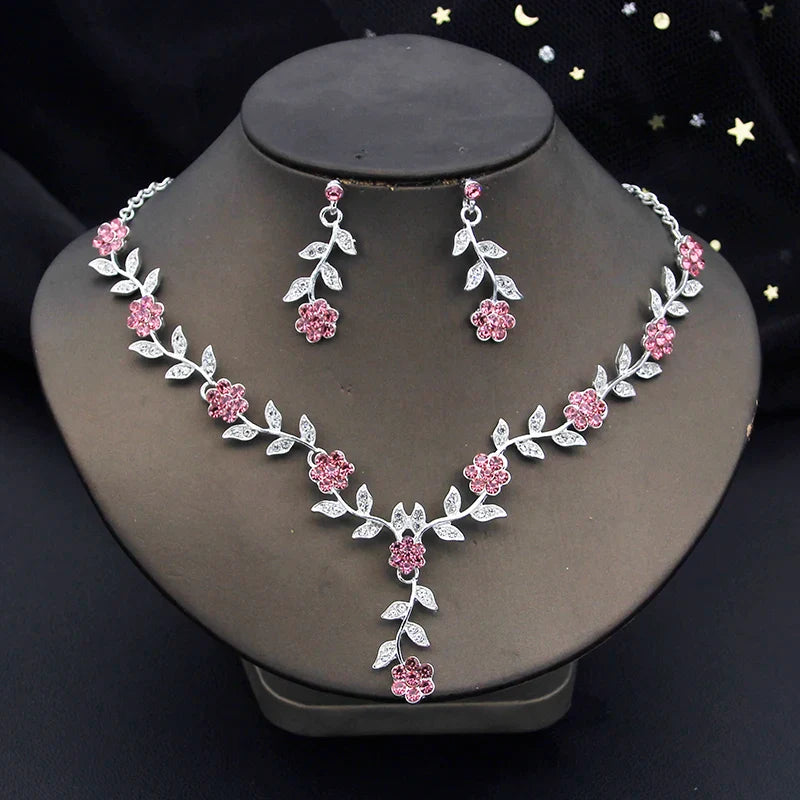 sengpan Rhinestone Bride Jewelry Sets for Women Luxury Flower Choker Necklace Earrings Wedding Dress Bridal Necklace Sets Fashion