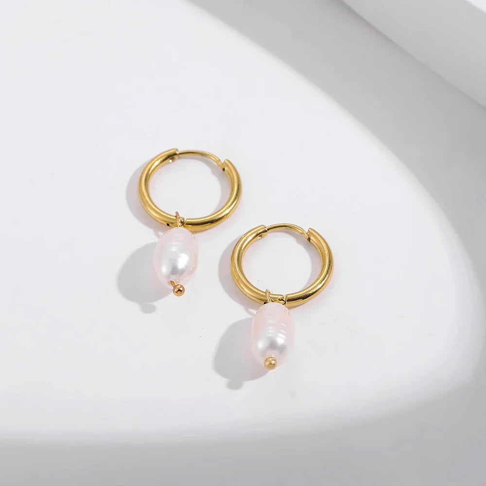 sengpan Eardrop Pearl Small Hoop Earrings for Women Gold Color Stainless Steel Circle Huggies Hoops Ear Buckle Jewelry