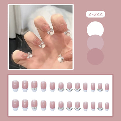 sengpan 24P Nail Art Fake Nails Japanese Ballerina Press on Nails Set Diamond Streamer Flash Fly Butterfly Seamless Removable False Nail