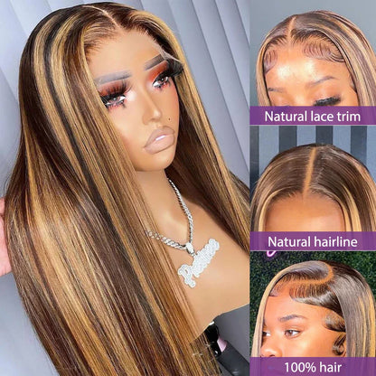 sengpan 13x6 Highlight Ombre Straight Lace Front Human Hair Wig Honey Blonde Colored Bone Straight Lace Frontal Wigs For Black Women