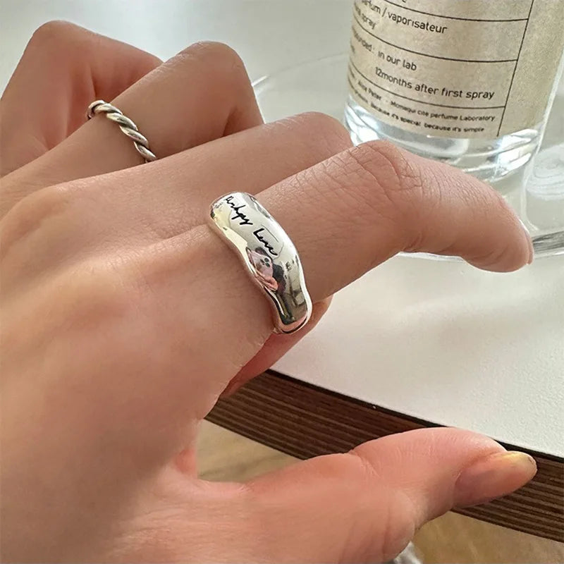 sengpan 925 Sterling Silver Simple Retro Letters Rings For Women Geometric Fashion Smiple Open Handmade Allergy Party Jewelry Gift