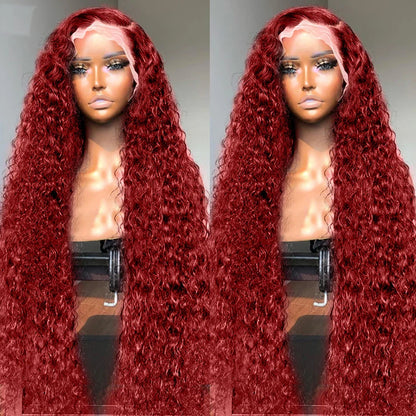 sengpan Burgundy Human Hair Lace Frontal Wigs Colored 99j Red Wig For Women Brazilian 13x4 Deep Wave 30 Inch Water Wave Lace Front Wig