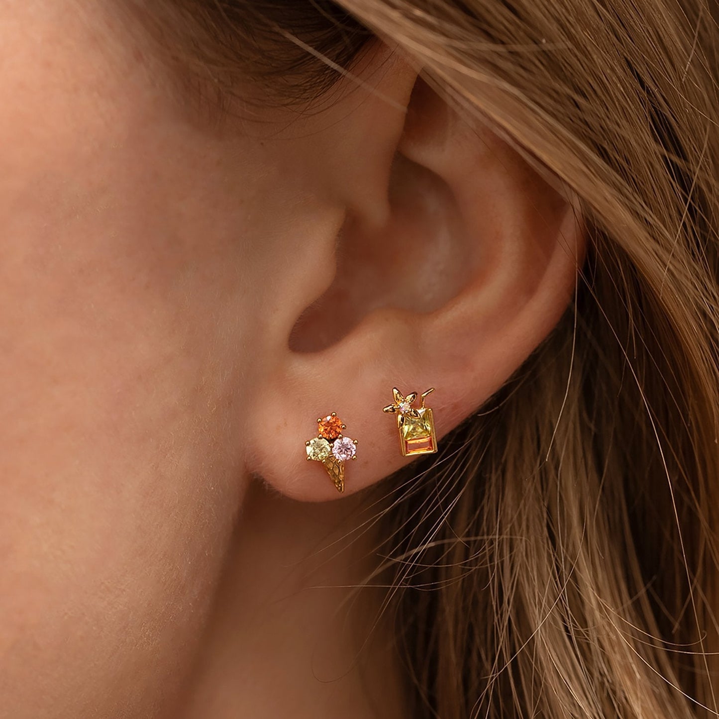 sengpan 1 Pair Ins Wind Cone Crown Zircon Earrings Cute Bear Cartoon Personality Ear Jewelry Colorful Simple Style Earrings for Women