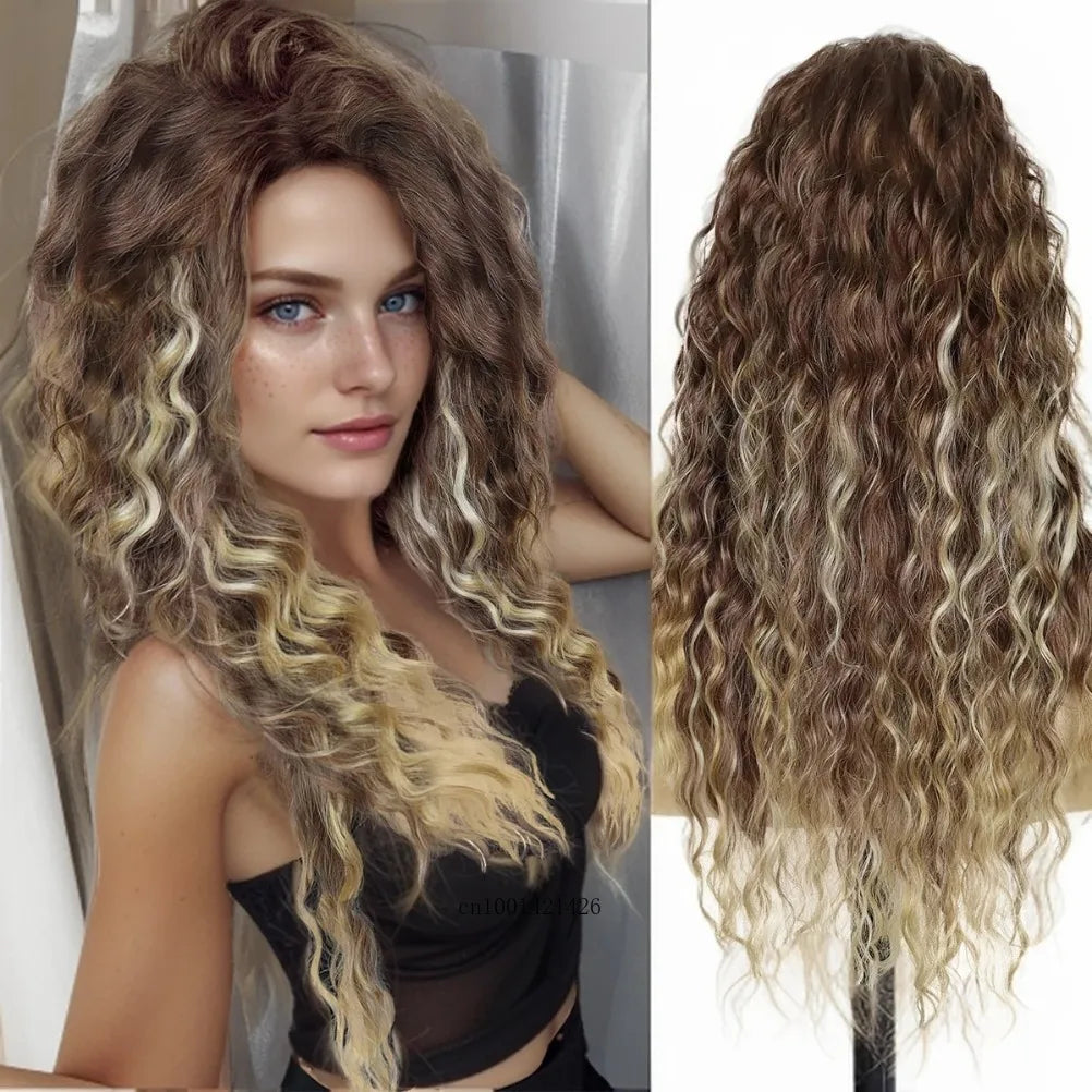 sengpan Synthetic Long Wave Cur Wigs Female Natural Brown Wig with Clip Free Part Side Bangs 80s Curly Wigs for Women Ombre Wig