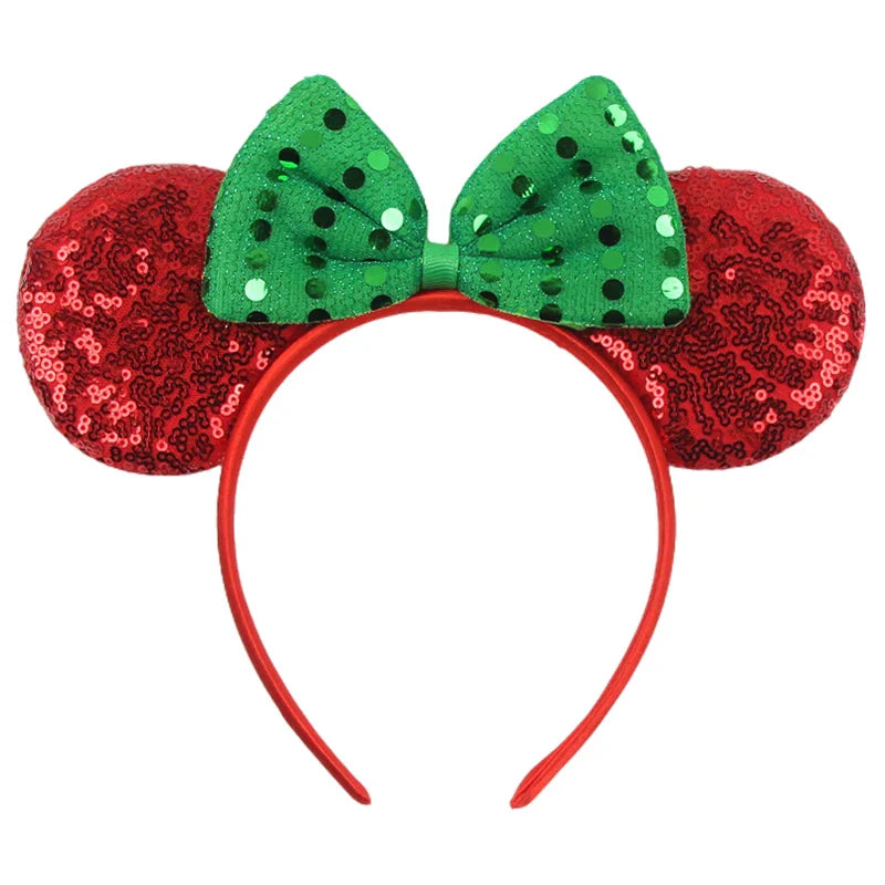 sengpan New Disney Christmas Mouse Ears Headband Santa Antler Sequins Bow Hairband For Women Featival Party DIY Hair Accessories Gift