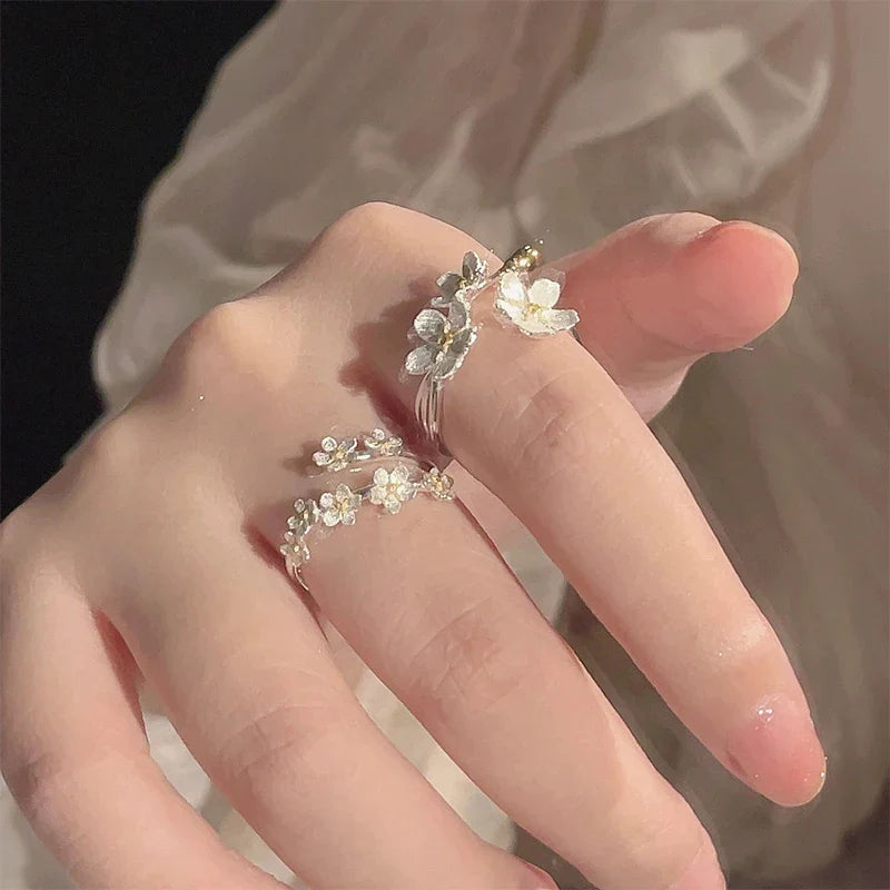 sengpan Unique Delicate Flower Opening Adjustable Rings For Women Silver Color Minimalist Finger Ring Engagement Jewelry Female Gift