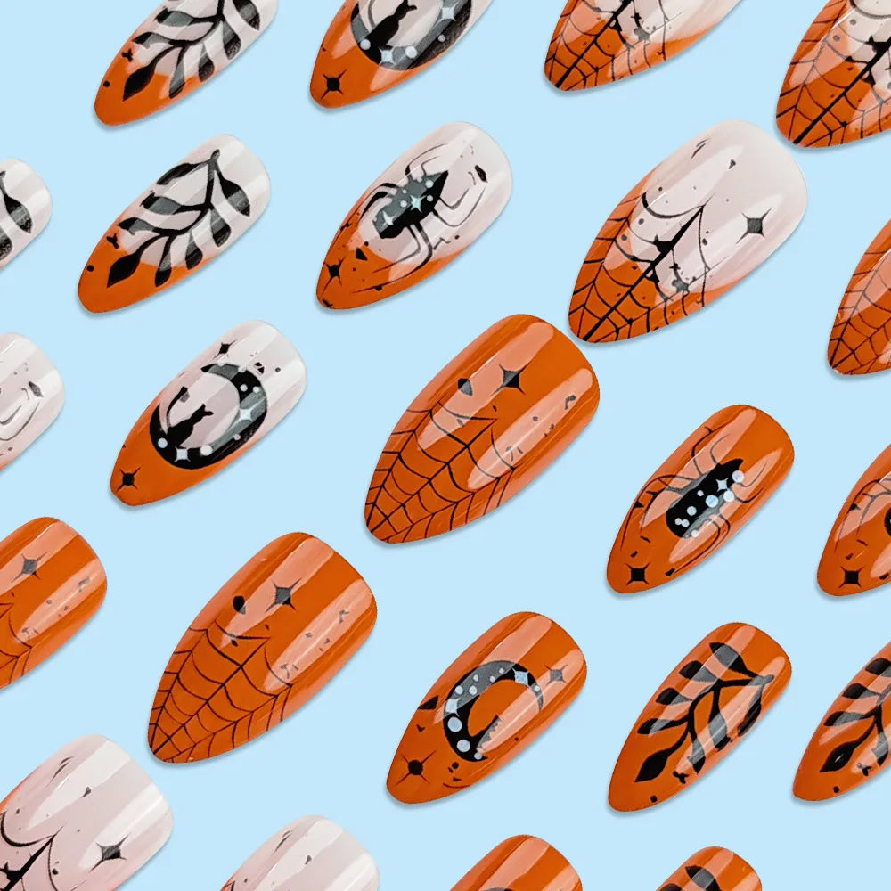 sengpan 24pcs Halloween Funny Spider Fake Nails Press On Nails Full Cover Orange Edge French False Nails Short Almond Shaped Nail Tips