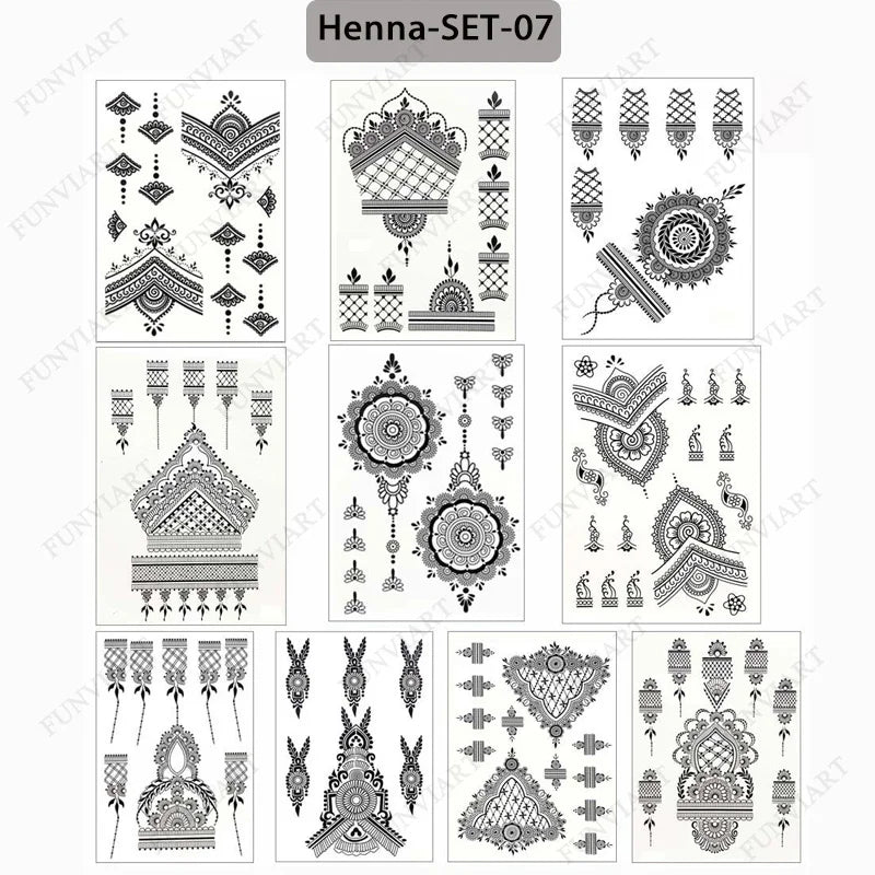 sengpan 9Pcs Brown Henna Temporary Tattoos for Women Henna Tattoo Sticker for Hand Body Art Moroccan Mehndi Design Tattoo Fake Hena